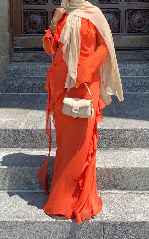 Orange Hijab Outfit, Orange Hijab, Eid Outfits Ideas, Modest Outfits Muslim, Orange Gown, Modesty Outfits, Muslim Women Fashion, Fancy Dresses Long, Scarf Women Fashion