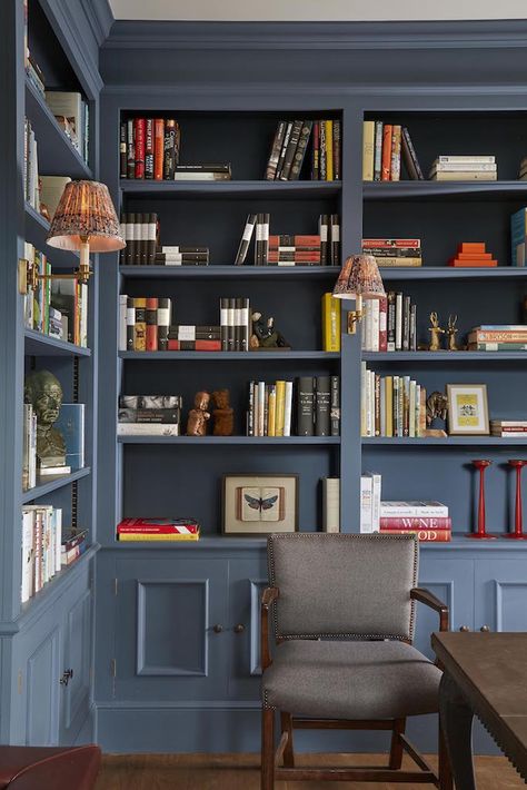 Designed to complement the Georgian architecture we had the joinery, that wraps around this library, painted in Farrow and Ball’s Stiffkey Blue. The colour elevates the solid oak bookcase and gives the room a masculine grandeur. Blue Library, Bedside Sconces, Blue Bookcase, Office Paint Colors, Stiffkey Blue, Open Plan Kitchen Diner, Office Paint, Reference Board, Paint Sample