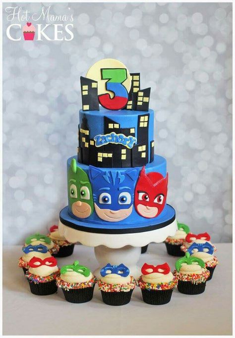 Pj masks cake Pj Masks Birthday Cake, Birthday Cake Kids Boys, Pj Masks Birthday Party, Pj Mask Party, Cake Kids, Princess Birthday Cake, Cake And Cupcakes, Boy Birthday Cake, Cakes For Boys