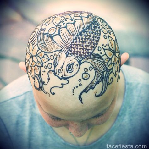 Koi Fish Henna, Fish Henna, Head Henna, Henna Face, Henna Crown, Learn Henna, Bald Beauty, Scalp Tattoo, Crown Ideas