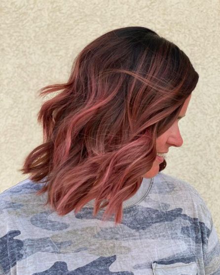 Balayage Colors For Brunettes, Rose Gold Halo Hair, Dark Rose Gold Balayage, Rose Gold Balayage Brunettes Dark Short Hair, Rose Gold Balayage Short Hair, Red Rose Gold Hair, Strawberry Brunette Balayage, Rose Balayage Brunettes, Pastel Pink Balayage Brunette