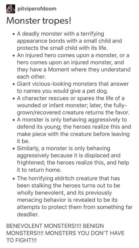 Draw A Monster Why Is It A Monster, Monster X Human Couple, Training Writing Prompts, Platonic Tropes, Monster Human Couple, Writing A Monster, Story Tropes List, Best Tropes In Books, Monster X Human Writing Prompts