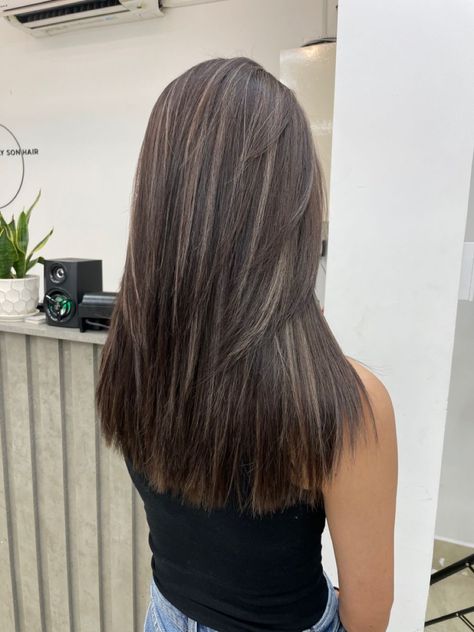 Black Hair With Milk Tea Highlights, Brown Almost Black Hair Color, Dark Chocolate Brown Hair Straight, Dark Brown Solid Color Hair, Straight Dark Brown Hair Aesthetic, Ash Brunette, Dark Ash Brown Hair, Ash Brown Hair Balayage, Ash Brown Hair