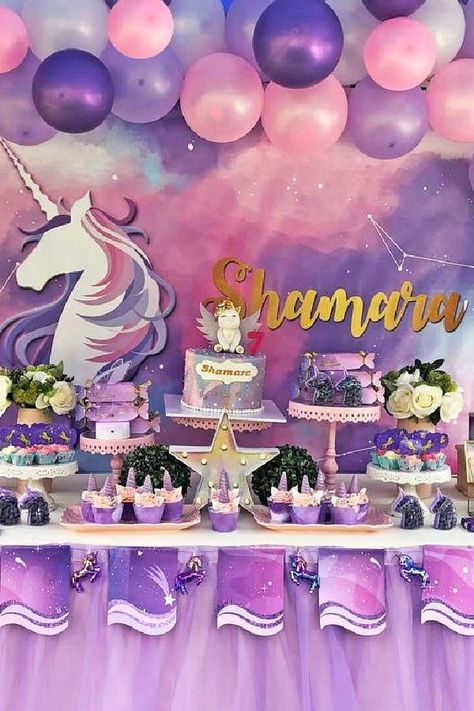 Take a look at this gorgeous purple unicorn birthday party! What a pretty dessert table! See more party ideas and share yours at CatchMyParty.com #catchmyparty #partyideas #unicorn #unicornparty #girlbirthdayparty Unicorn Dessert Table, Unicorn Birthday Party Ideas, Galaxy Unicorn, Party Ballons, Unicorn Desserts, Girls Birthday Party Themes, Search Party, Space Birthday Party, Birthday Unicorn