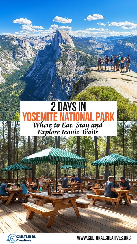 A group of hikers enjoys panoramic views of Half Dome and a scenic outdoor dining area during 2 Days in Yosemite National Park, offering tips on where to eat, stay, and explore iconic trails. Glacier Point Yosemite, Yosemite National Park Itinerary, Forest Engagement Photos, Yosemite Trip, Cali Trip, Nature Trip, Forest Engagement, Travel California, Beautiful California