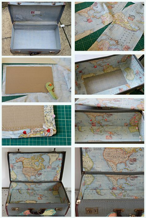 Vintage Suitcase Wedding, Trunk Makeover, Suitcase Table, Suitcase Decor, Diy Suitcase, Map Fabric, Map Crafts, Old Suitcases, Vintage Suitcases