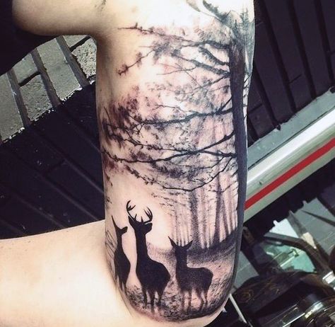 Stylist Black Ink Deer Family In Forest Half Sleeve Tattoo On Male Scenic Tattoo, Tree Sleeve Tattoo, Forest Tattoo, Willow Tree Tattoos, Hunting Tattoos, Mother Nature Tattoos, Deer Tattoo, Forest Tattoos, Cat Tattoos