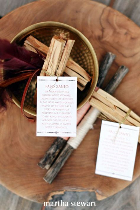 Thought to be holy and bring peace, Palo Santo sticks are used around the world for energy cleansing and blessings, so the incense made for meaningful (and spiritual) wedding favors for guests. #weddingideas #wedding #marthstewartwedding #weddingplanning #weddingchecklist Spiritual Wedding, California Desert Wedding, Bohemian Cake, Pictures Background, Bohemian Pictures, Palo Santo Sticks, Gifts Table, Joshua Tree Wedding, Wedding Souvenir