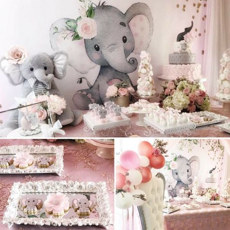 pink-and-gray-elephant-baby-shower Baby Girl Elephant Shower Ideas, Grey Baby Shower Ideas, Girl Baby Shower Elephant Theme, Pink Elephant Baby Shower Centerpieces, Baby Shower Ideas For Girls Themes, Pink Elephant Baby Shower Theme Backdrop, Elephant Baby Shower Centerpieces, Vestidos Para Baby Shower, Gray Theme