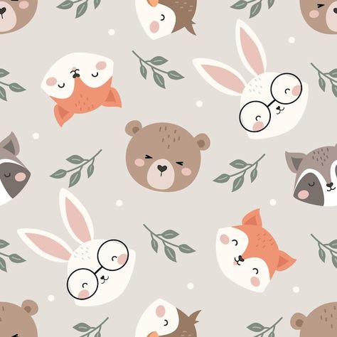 Kids Fabric Prints, Raccoon Face, Animals Background, Happy Elephant, Kids Deco, Nursery Patterns, Animal Doodles, Cute Animal Illustration, Baby Fabric