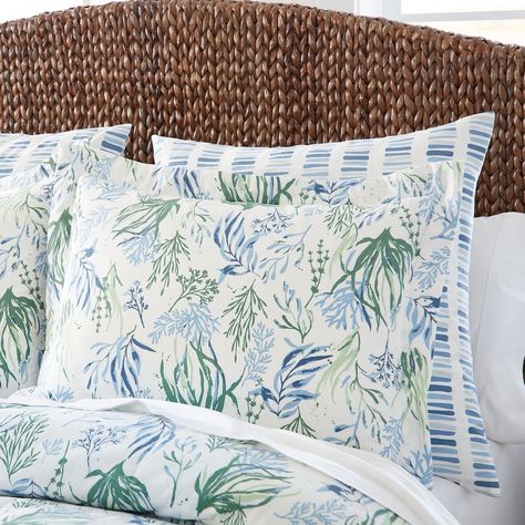 Accent your bedspread with this aquatic inspired Oceana printed sham. Featuring blue, green, and white ocean plant life design, this stylish sham will transform your entire room. Made from 100% high quality cotton, this sham has a button back closure with a fabric overlap for optimum coverage. The buttons are large, and color coordinated making this item as attractive from the back as it is from the front view. Ocean Plants, Coastal Bedroom Decorating, King Size Pillows, Park Designs, King Pillows, Euro Pillow Shams, Bedding Accessories, Bedroom Themes, Coastal Homes