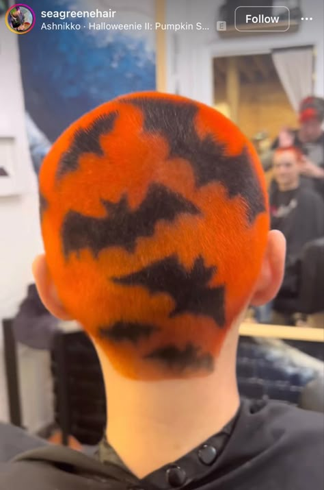 Buzzcut Inspiration, Shaved Patterns In Hair, Bald Hair Color Ideas, Buzzcut Hair Designs, Halloween Buzzcut Design, Halloween Buzzed Hair, Blonde Buzzcut With Designs, Halloween Shaved Hair Designs, Buzzcut Halloween Costumes