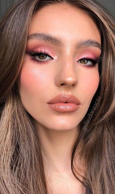 Pink Flushed Makeup, Brunette Barbie Makeup Look, Pink Glowy Makeup Looks, Rosy Pink Makeup Look, Makeup Hot Pink Dress, Pink Day Makeup, Makeup Looks For Wedding Guest Pink, Formal Makeup Pink Dress, Pink Formal Makeup Looks