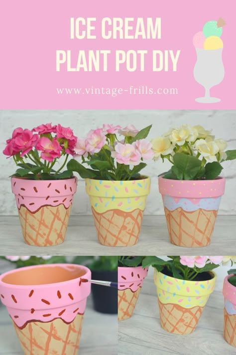 Ice cream painted plant pot diy | Vintage Frills Mothers Day Flower Pot, Painted Plant Pot, Ice Cream Painting, Pot Diy, Flower Pot Art, Plant Pot Diy, Terra Cotta Pot Crafts, Ice Cream Theme, Painted Pots Diy