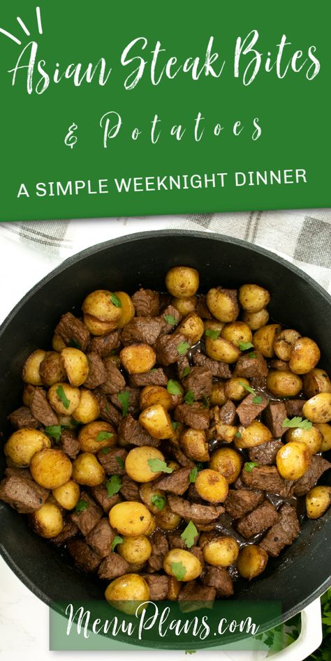 Beef and Potatoes is the perfect traditional home-cooked meal! This recipe is easy, but full of amazing flavor with an Asian twist! Try it tonight! Asian Steak And Potatoes, Steak Bites Potatoes, Asian Steak, Asian Steak Bites, Steak And Potatoes, Steak Potatoes, Cooked Meal, Beef And Potatoes, Steak Bites