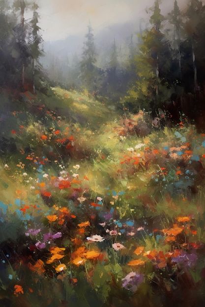 Monets Garden Paintings, Flowers In Pastel Painting, Ethereal Art Landscape, Flower Forest Painting, Flowers Oil Paint, Spring Forest Painting, Landscape Pictures To Paint, Forest Oil Pastel, Oil Paint Flowers