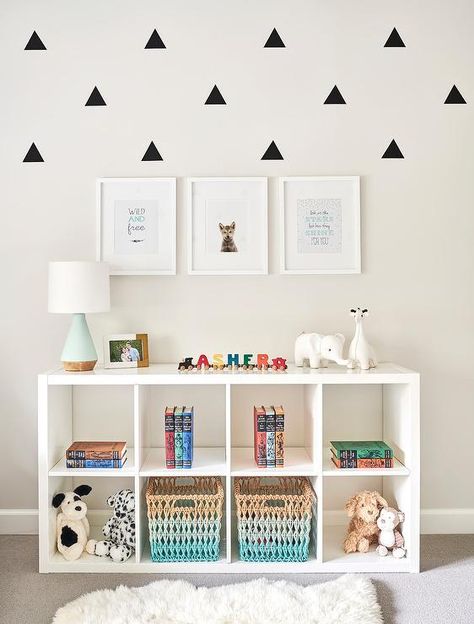 IKEA Nursery Ideas: Inspiration and Shopping | Hunker Ikea Kallax Nursery, Nursery Bookcase, Shared Nursery, Ikea Nursery, Baby Playroom, Playroom Signs, Basement Playroom, Boys Playroom, Girls Playroom