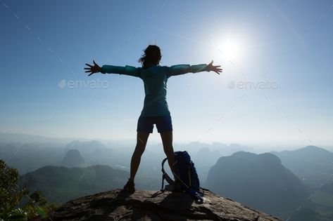 Freedom and crazy by lzf. cheering successful woman hiker open arms on sunrise mountain top cliff edge#successful, #woman, #hiker, #cheering Woman On Mountain Top, Freedom Girl, Arm Stretches, Woman Hiking, Sunrise Mountain, Blue Cheer, Mountain Girl, Falling From The Sky, Girl Standing