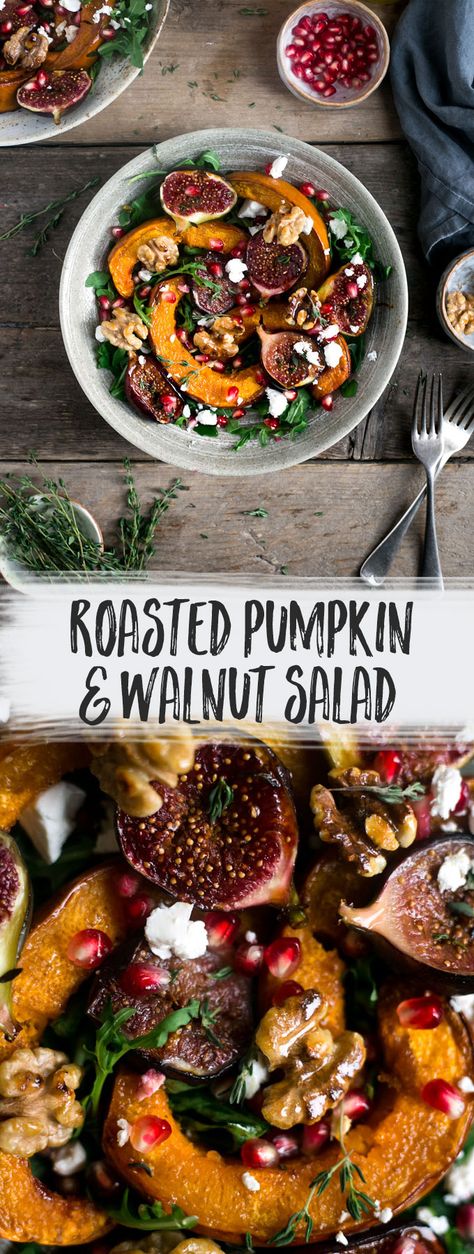 Roasted pumpkin salad with crunchy walnuts and caramelised figs #vegan #pumpkin #salad | via @annabanana.co Caramelized Figs, Roasted Pumpkin Salad, Roast Pumpkin Salad, Salad With Walnuts, Pumpkin Salad, Roasted Pumpkin, Vegan Salad Recipes, Walnut Salad, Yummy Salad Recipes