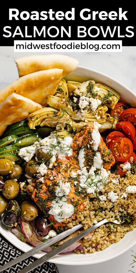 These quick and easy Greek Salmon Bowls come together in less than a half hour and are loaded with fresh veggies and quinoa tossed in a tangy, herb filled balsamic vinaigrette. You can customize these bowls to suit your family's taste or use up what you've got in the fridge! Salmon Gyro Bowl, Mederteranian Bowl Recipe, Nourishing Bowl Recipes, Salmon Bowl Quinoa, Fish Bowls Ideas, Tilapia Bowl Recipes, Salmon Greek Bowl, Grilled Salmon Bowl, Mediterranean Power Bowls