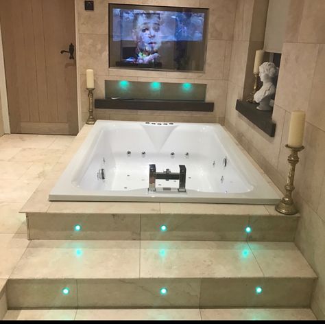 Huge Bathtub For Two, Large Bathtubs For Two Master Bath, Bathtub Tv Ideas, Whirl Pool Tub Master Bath, Luxury Bathroom With Jacuzzi, Bathrooms With Jacuzzi Master Bath, Large Jacuzzi Tub Master Bath, Two Person Jacuzzi Tub Bathroom, Two Person Tub Master Bath