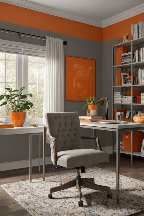 home decor interior design,interior bedroom design,designers kitchen,kitchen designs Orange Home Office Ideas, Orange Office Ideas, Orange Office Decor, Painting An Accent Wall, Orange Office, The Color Orange, Organizers Storage, Bedroom Design Trends, Orange Accessories