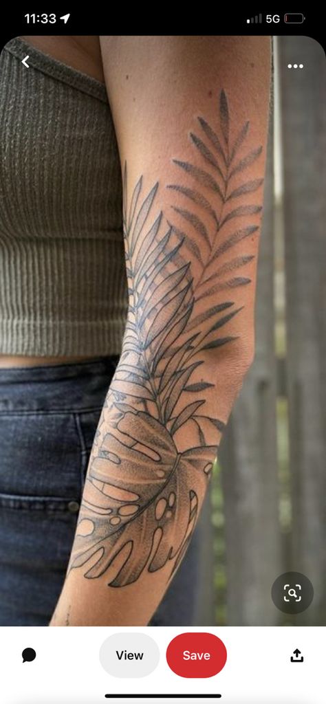 Tropical Plant Leg Tattoo, Shaded Vine Tattoo, Leafy Half Sleeve Tattoo, Tropical Forearm Tattoo Women, Coconut Leaves Tattoo, Palm Leaves Tattoo Sleeve, Tropical Leaf Tattoo Sleeve, Tropical Forearm Tattoo, Palm Leaf Tattoo Arm