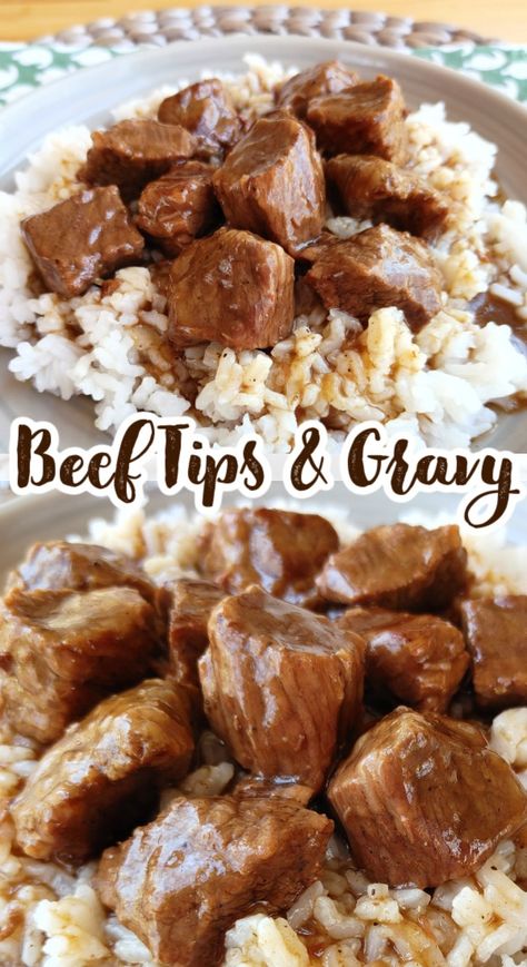 A tried-and-true family recipe for stew beef or beef tips slow-cooked until tender with a rich gravy served over rice, mashed potatoes or noodles. Crockpot Stew Beef And Rice, Crockpot Meals Beef Tips, Stewing Beef Recipes Easy, Quick And Easy Stew Meat Recipes, Dinner Ideas With Beef Tips, Meal Ideas With Stew Meat, Beef Stew Meat And Gravy, Crockpot Recipes For Stew Meat, Beef Tip And Gravy Crockpot