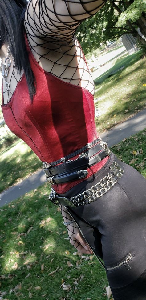 Velvet spike choker secondhand from Depop. Chain necklace and fishnets were bought new. The entire remaining pieces were all found at Goodwill, including the boots that aren't pictured. 9/21/21. Red Fishnet Outfit, Red Goth Outfits, Choker Outfit, Spike Choker, Red Goth, Red Fishnets, Outfit Boards, Dead Girl, Modern Gothic