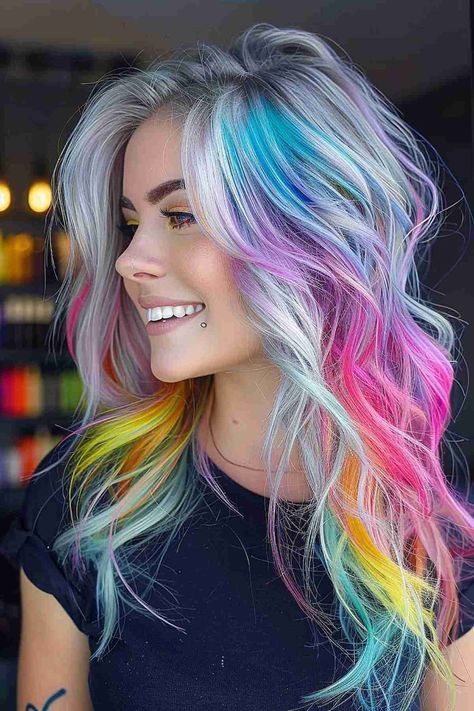 82 Photos of Rainbow Hair Ideas to Consider for 2024 Pastel Roots Blonde Hair, Rainbow And Blonde Hair, Black With Rainbow Hair, Hair Color Ideas Rainbow, New Hair Color Ideas For Blondes, Rainbow Highlights In Brown Hair, Peekaboo Rainbow Hair Blonde, Blonde Hair With Color, Hair Color Blocking