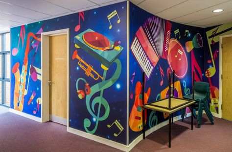 Music Room Wall Painting In School, Music Room Painting, Music Room Wall Painting, Music Wall Painting Ideas, Positive Mural Art, Music Room Mural, Music Class Design, Music Teacher Room Ideas, Music Murals Ideas Wall Art