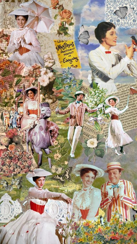 Vibes Art Wallpaper, Mary Poppins Musical, Mary Poppins Movie, 1960s Movies, Mary Poppins 1964, Mary Poppins Costume, Movie Collage, Beauty Vibes, Disney Collage