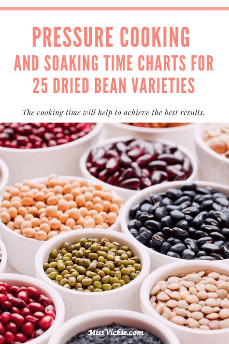 Pressure Cooking and Soaking Time Charts for 25 Dried Bean Varieties - Miss Vickie Pressure Cooker Dry Beans, Beans In Slow Cooker, Beans In Instant Pot, Pressure Cooker Beans, Slow Cooker Beans, Cranberry Beans, How To Soak Beans, Bean Varieties, Cooking Dried Beans