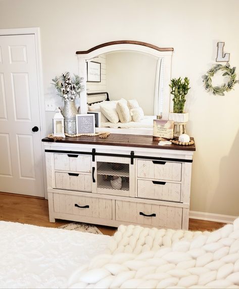 Dresser Decor Farmhouse, Farmhouse Bedroom Vanity, Modern Farmhouse Bedroom Dresser Decor, Two Tone Farmhouse Bedroom Furniture, Bedroom Dresser Top Decor Ideas, Bedroom Decor Above Dresser, Farmhouse Dressers Bedroom, Farmhouse Bedroom White Furniture, Decorate Bedroom Dresser