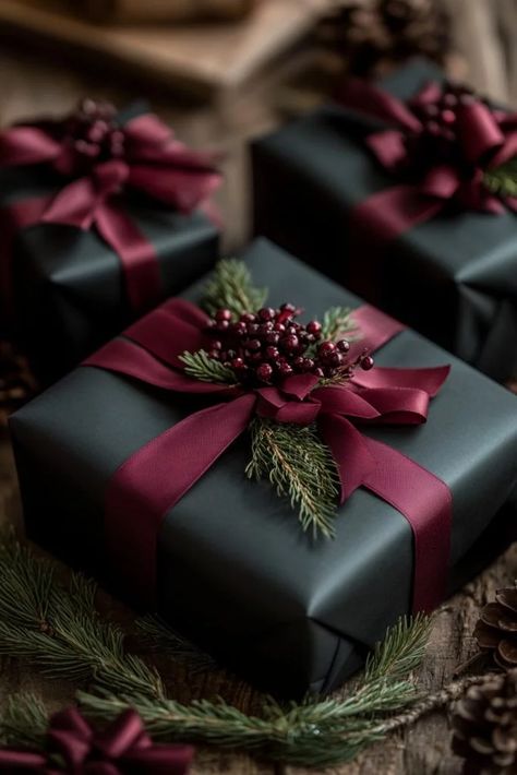 16 Moody Christmas Decor Ideas for a Super Cozy Holiday 32 Gift Wrap Accents, Christmas Decor Ideas Presents, Holiday Gift Boxes Ideas, Black Paper Christmas Wrapping, Plaid Christmas Wrapping Ideas, Presents Decoration Ideas, Black And Burgundy Christmas Decor, Dark Green Wrapping Paper Christmas, Luxury Wrapping Ideas