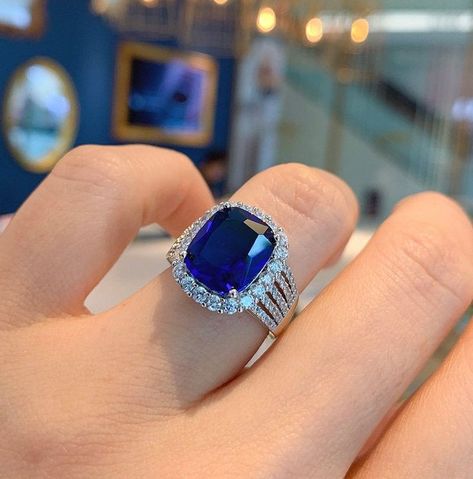 Blue Stone Rings For Women, Blue Stone Ring Women, Grad Rings, Blue Sapphire Engagement Ring Halo, Sapphire Halo Engagement Ring, Royal Blue Sapphire Ring, Tanzanite Rings, Golden Rings, Engagement Gifts For Her