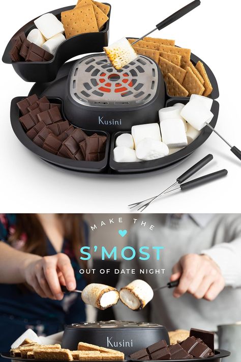 Kusini Smores Maker Tabletop Indoor - Flameless Electric Marshmallow Roaster – 4 Detachable Trays & 4 Roasting Forks – Gift Set & Date Night Idea.... Indoor Smores, Smores Maker, Electric Smoker, Kitchen Essentials, Forks, Movie Night, Housewarming Gift, Date Night, Gift Set