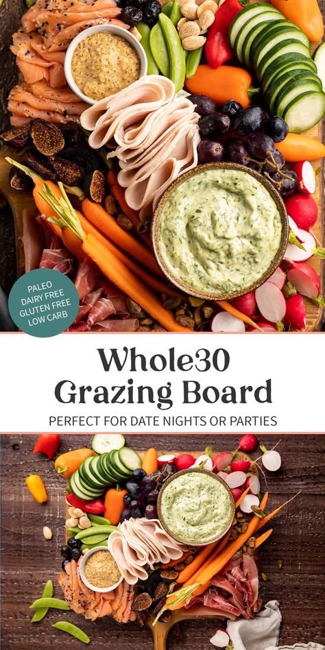 This grazing board is paleo and Whole30 compliant, the perfect way to start date night or a gathering with friends and family on a round! Super customizable and straight-up fun, too. Gathering With Friends, Whole 30 Snacks, Paleo Appetizers, Whole 30 Lunch, Dairy Free Low Carb, Whole 30 Meal Plan, Easy Whole 30 Recipes, Grazing Board, Whole 30 Diet