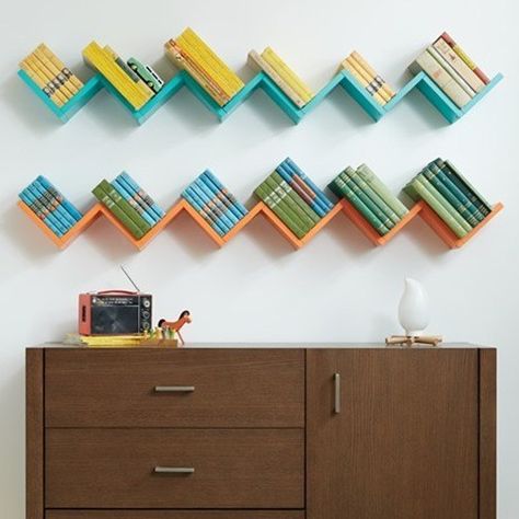 zig zag bookshelf Zig Zag Shelf, Room Jewelry, Hanging Bookshelf, Unique Bookshelves, Round Shelf, Hexagon Shelves, Dvd Storage, Wall Mounted Desk, Decorating Diy