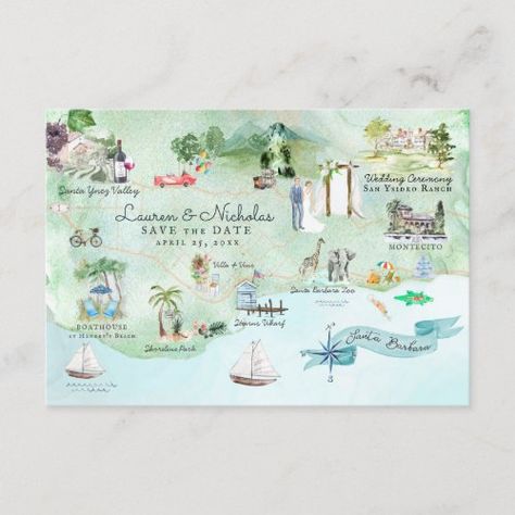 Santa Barbara Destination Wedding Itinerary Map Invitation #zazzle #weddinginvitations #birthdayinvitations #babyshowerinvitations #zazzleinvitations #monogram #businesscards #graduation #homedecor Wedding Map Illustration, Kiawah Island Wedding, Destination Wedding Itinerary, Map Invitation, Map Illustration, Wedding Itinerary, Wedding Map, Santa Barbara Wedding, Watercolor Map