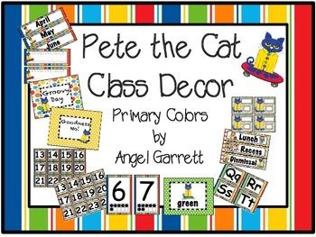 This is a wonderful set of items to help set the theme in your classroom featuring everyone's favorite blue cat. This set includes: * A Calendar set including month, day and year headings and 2 sets of calendar number cards with different backgrounds to help with patterning days of the month. Cat Classroom Decor, Pete The Cat Classroom, Pocket Chart Center, Daily Schedule Cards, Character Lessons, Word Wall Headers, Behavior Clip Charts, Pete The Cats, Clip Chart