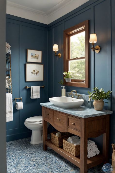 home decor interior design, space planning, interior bedroom design, kitchen designs Grey And Dark Blue Bathroom, Antique Blue Bathroom, Traditional Bathroom Blue, Blue Bathroom With Dark Brown Vanity, Bathroom Ideas Dark Colors, Dark Blue Moody Bathroom, Bathrooms With Blue Walls, Dark Blue Walls Bathroom, Moody Blue Bathroom Paint