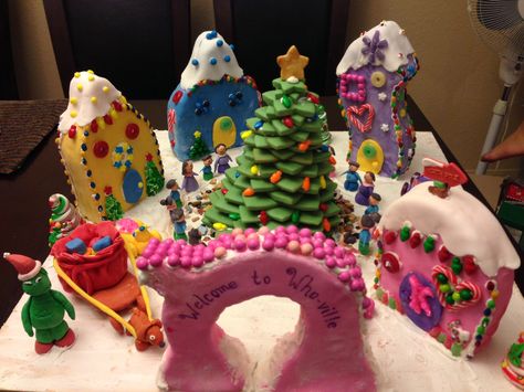 Our Whoville Gingerbread house Whoville Gingerbread House, Grinch Gingerbread House, Cool Gingerbread Houses, Gingerbread House Template, Gingerbread House Parties, Gingerbread House Designs, Grinch Christmas Party, Whoville Christmas, Gingerbread House Kits