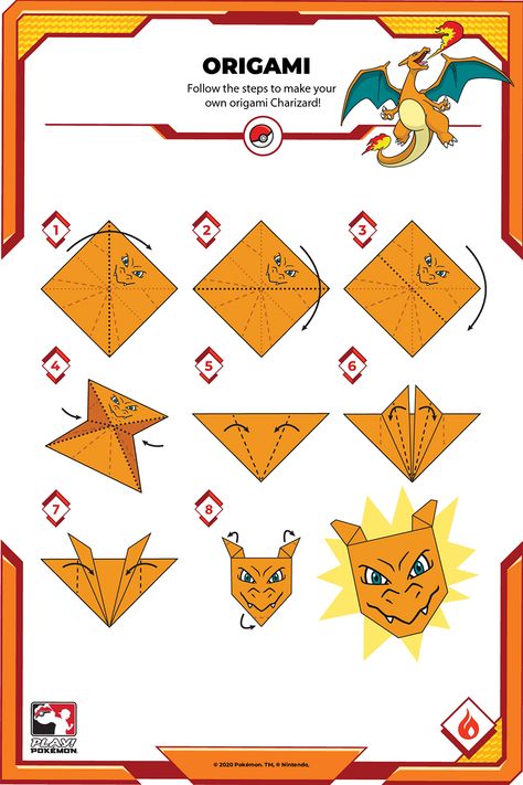 Follow these steps to make your own origami Charizard! Pokemon Party Games, Pokemon Printables, Kartu Pokemon, Origami Templates, Origami Step By Step, Pokemon Diy, Pokemon Craft, Pokemon Birthday Party, Pokemon Theme