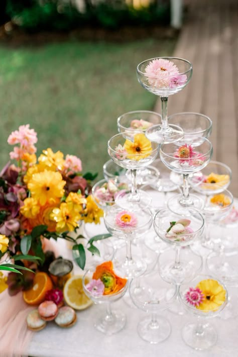 Champagne Coupe Tower with Fresh Flowers Champagne Tower Wedding, Metairie Louisiana, Glass Champagne, Shower Desserts, Champagne Party, Champagne Tower, True Value, Wedding Drink, Bridal Brunch