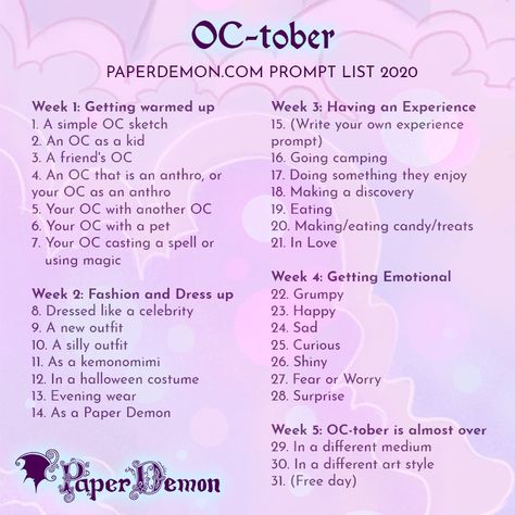 Oc Art Prompts, Drawing Challenge Oc, Drawing Prompt List, Art Prompts Challenges, Oc Drawing Prompts, Oc Tober, Oc Ideas Inspiration, Oc Prompts, 30 Day Art Challenge