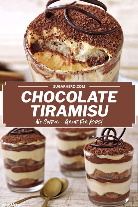 Chocolate Tiramisu - if you like regular tiramisu, you’ll love chocolate tiramisu! This tiramisu recipe has NO COFFEE, so it’s great for kids, people who can’t drink coffee, or any chocolate lover! #sugarhero #tiramisu #tiramisurecipe #chocolatetiramisu Chocolate Tiramisu Cake, Chocolate Tiramisu Recipe, Trifle Cups, Cake Tiramisu, Homemade Tiramisu, Easy Tiramisu Recipe, Malva Pudding, Chocolate Tiramisu, Tiramisu Dessert