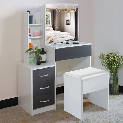 This dressing table is designed to make your daily beauty routine more convenient and efficient. The slide mirror door allows you to check your appearance from different angles, and the ample storage space keeps your beauty essentials organized and within reach. The 4 drawers offer easy access to your makeup, brushes, and accessories, making your dressing routine a breeze. The slide mirror door of this dressing table is not only stylish but also serves as a space-saving solution, as it doesn't r Dressing Mirror Ideas, Storage Spaces Bedroom, Mirror Dressing Table, White Dressing Tables, Mirror Dressing, Sliding Mirror, Next Furniture, Dressing Table Design, Accessories Making