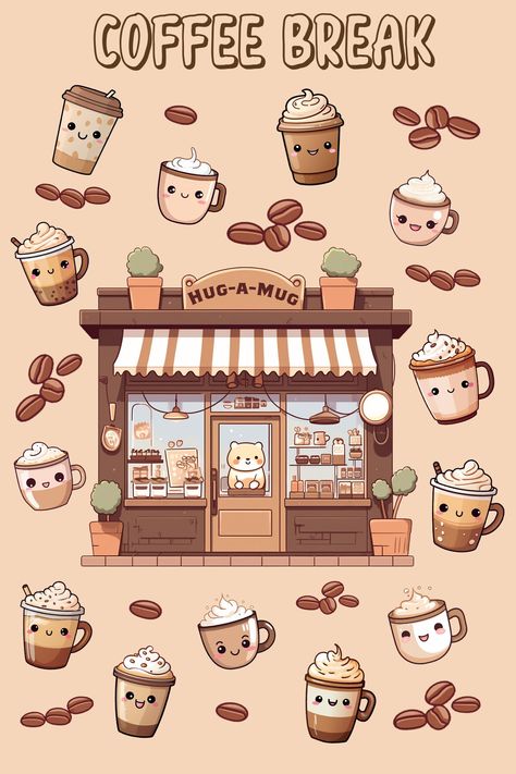 "Elevate your coffee game with our Kawaii Coffee Sticker Sheet! Adorable coffee-themed stickers featuring cute mugs, smiling coffee beans, and pastel-colored coffee cups - perfect for adding a touch of sweetness to your planner or morning brew. Get ready to sip and stick in style!"  there are 25 individual stickers on the "coffee Break" sticker sheet measures 4" wide & 6" height Product printed on Waterproof Matte Vinyl sticker paper and then covered with a high quality matte laminate. Please ma Coffee Vibes, Coffee Cartoon Cute, Kawaii Coffee, Kawaii Coffee Drawing, Coffee Bean Cartoon, Coffee Shop Stickers, Stickers Coffee Design, Cafe Stickers Coffee Shop, Cute Coffee Stickers