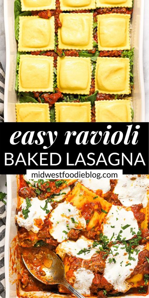 This Easy Ravioli Lasagna Recipe gives you all the flavors of classic lasagna in just a fraction of the time. Refrigerated, ricotta filled ravioli take the place of putzing around with boiling pasta, arranging the hot lasagna noodles, and mixing up ricotta filling! This is family dinner, made easy! Ravioli Lasagna With Ricotta Cheese, Mediterranean Lasagna, Ravioli Lasagna Bake, Delmonico Potatoes, Easy Ravioli Lasagna, Ravioli Lasagna Recipe, Ravioli Lasagne, Lazy Lasagna Recipe, Sausage Ravioli